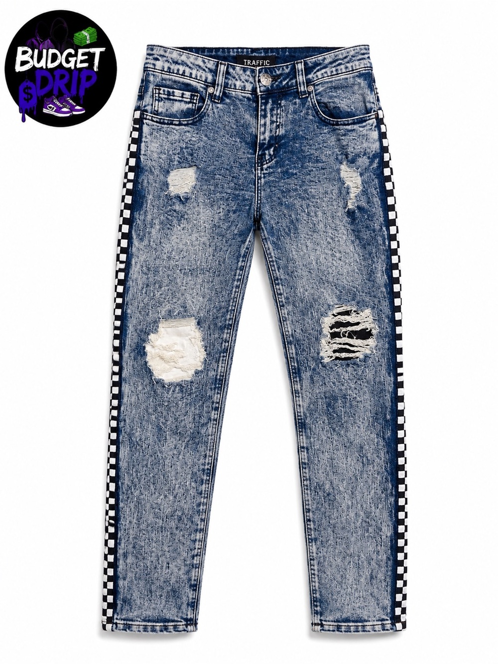 Traffic Blue Acid-Wash Skinny Jeans with Black-and-White Check Trim